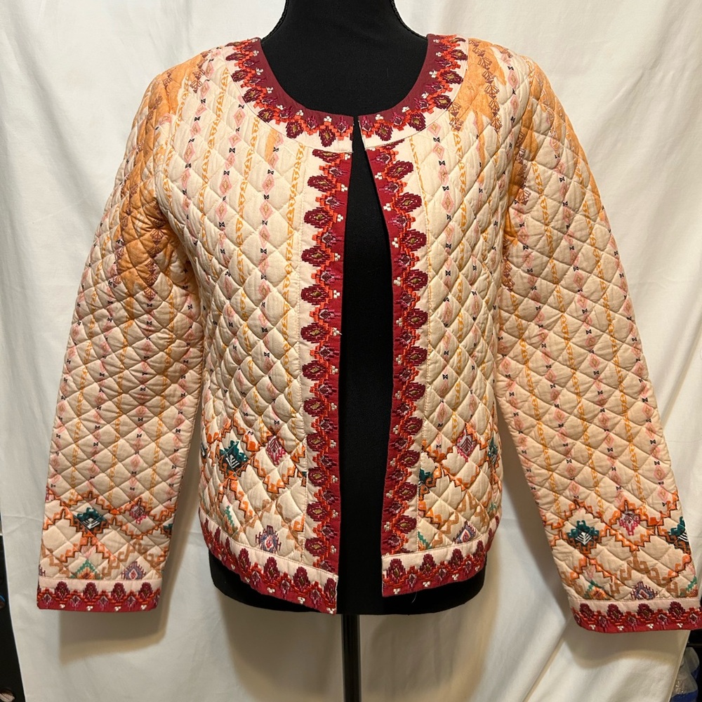 Embroidered Quilted Cream & Peach Jacket with Red Trim
